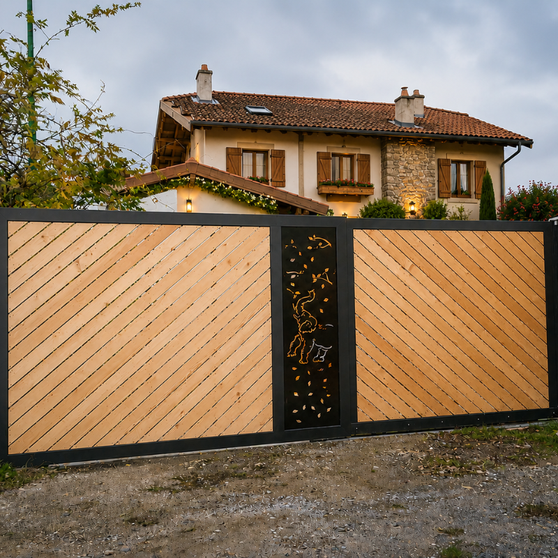 Portail coulissant motorisé en bois mélèze et métal